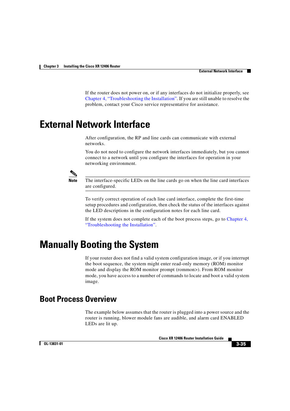 External network interface, Manually booting the system, Boot process overview | Cisco XR 12406 User Manual | Page 123 / 252