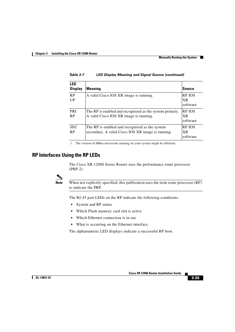 Rp interfaces using the rp leds | Cisco XR 12406 User Manual | Page 127 / 252