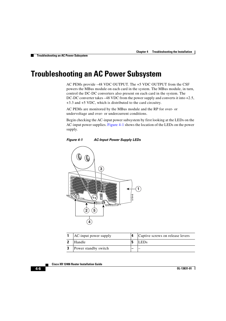 Troubleshooting an ac power subsystem | Cisco XR 12406 User Manual | Page 136 / 252