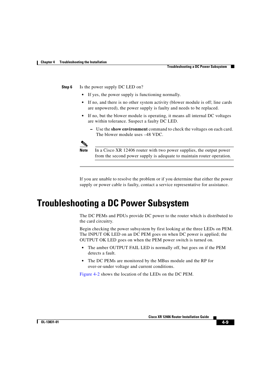 Troubleshooting a dc power subsystem | Cisco XR 12406 User Manual | Page 139 / 252