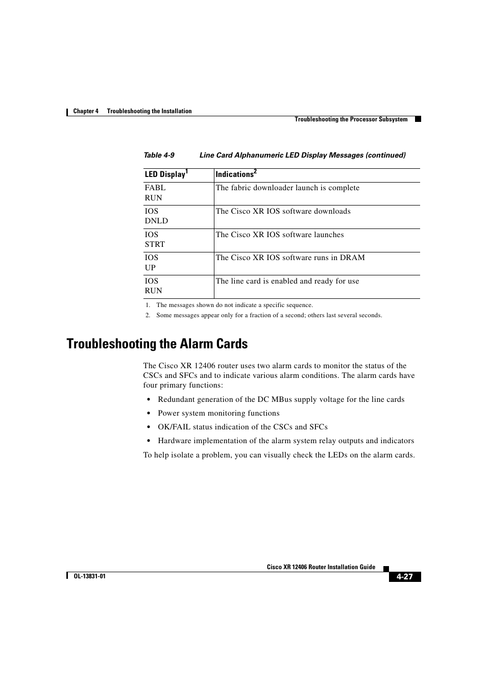 Troubleshooting the alarm cards | Cisco XR 12406 User Manual | Page 157 / 252