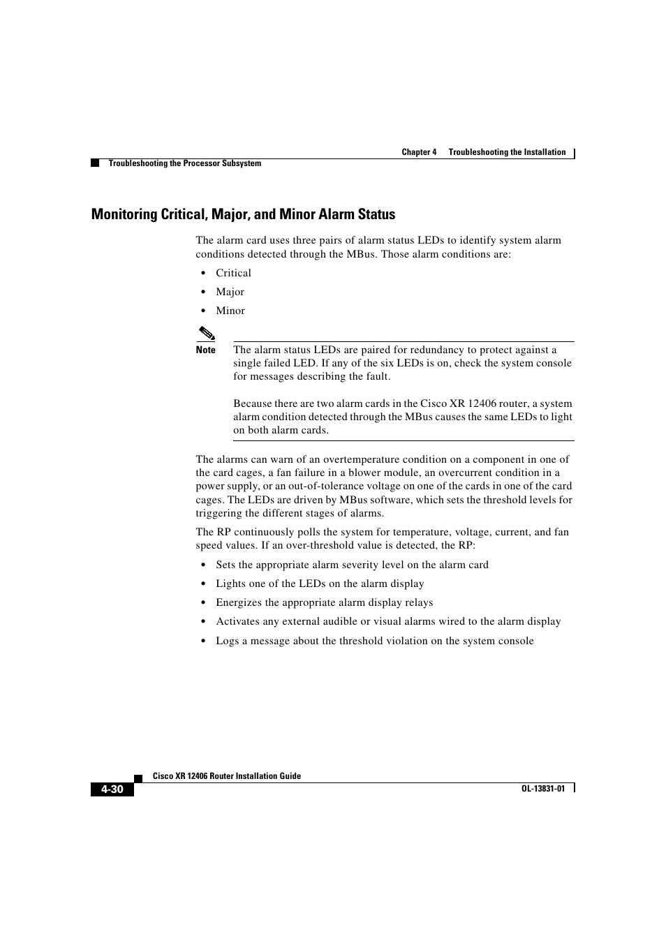 Monitoring critical, major, and minor alarm status | Cisco XR 12406 User Manual | Page 160 / 252