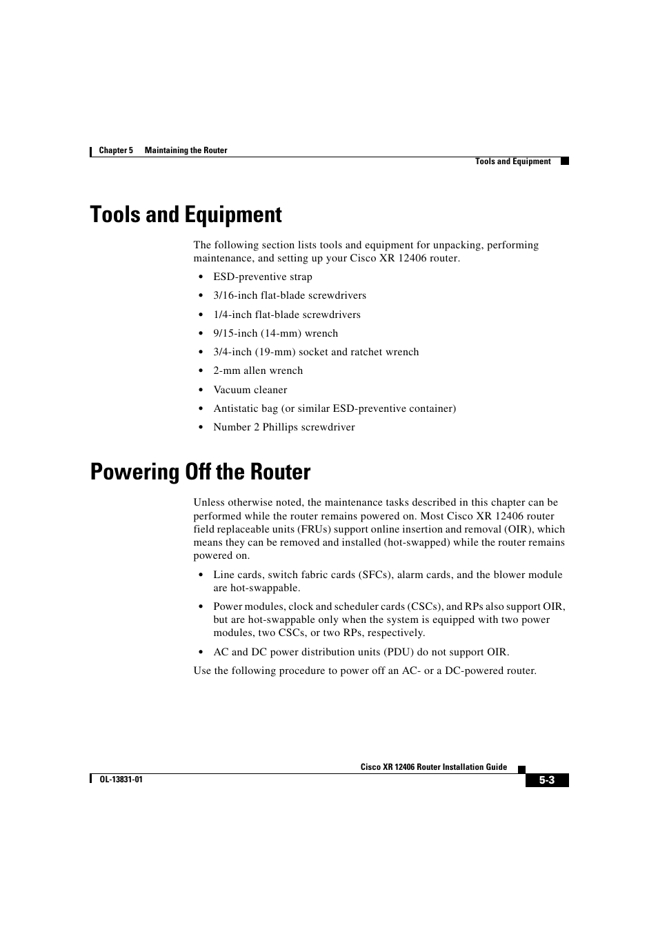 Tools and equipment, Powering off the router | Cisco XR 12406 User Manual | Page 167 / 252