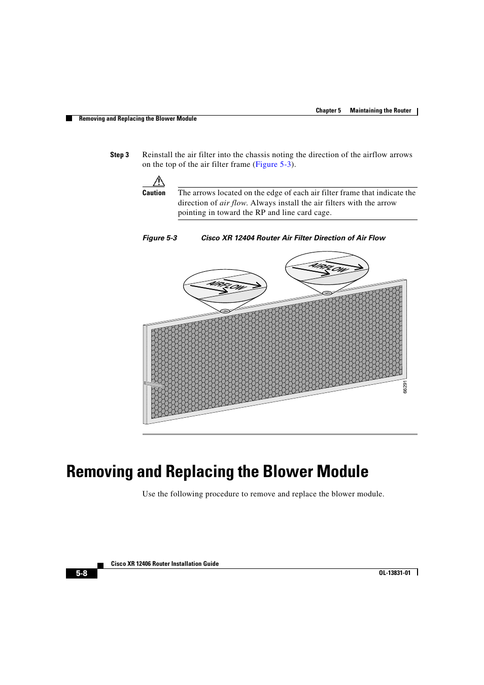 Removing and replacing the blower module, Airflow | Cisco XR 12406 User Manual | Page 172 / 252