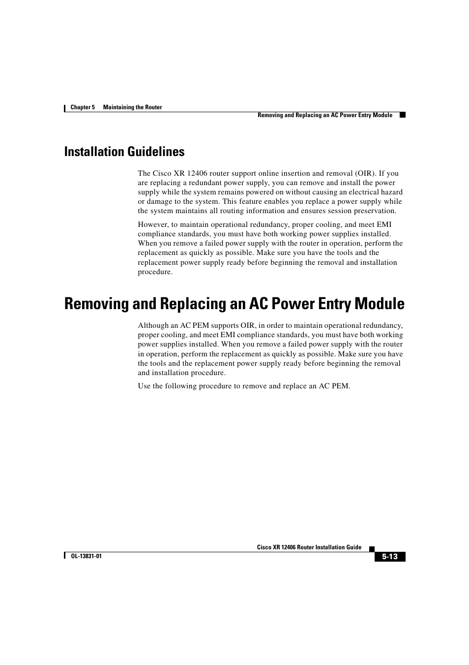 Installation guidelines, Removing and replacing an ac power entry module | Cisco XR 12406 User Manual | Page 177 / 252