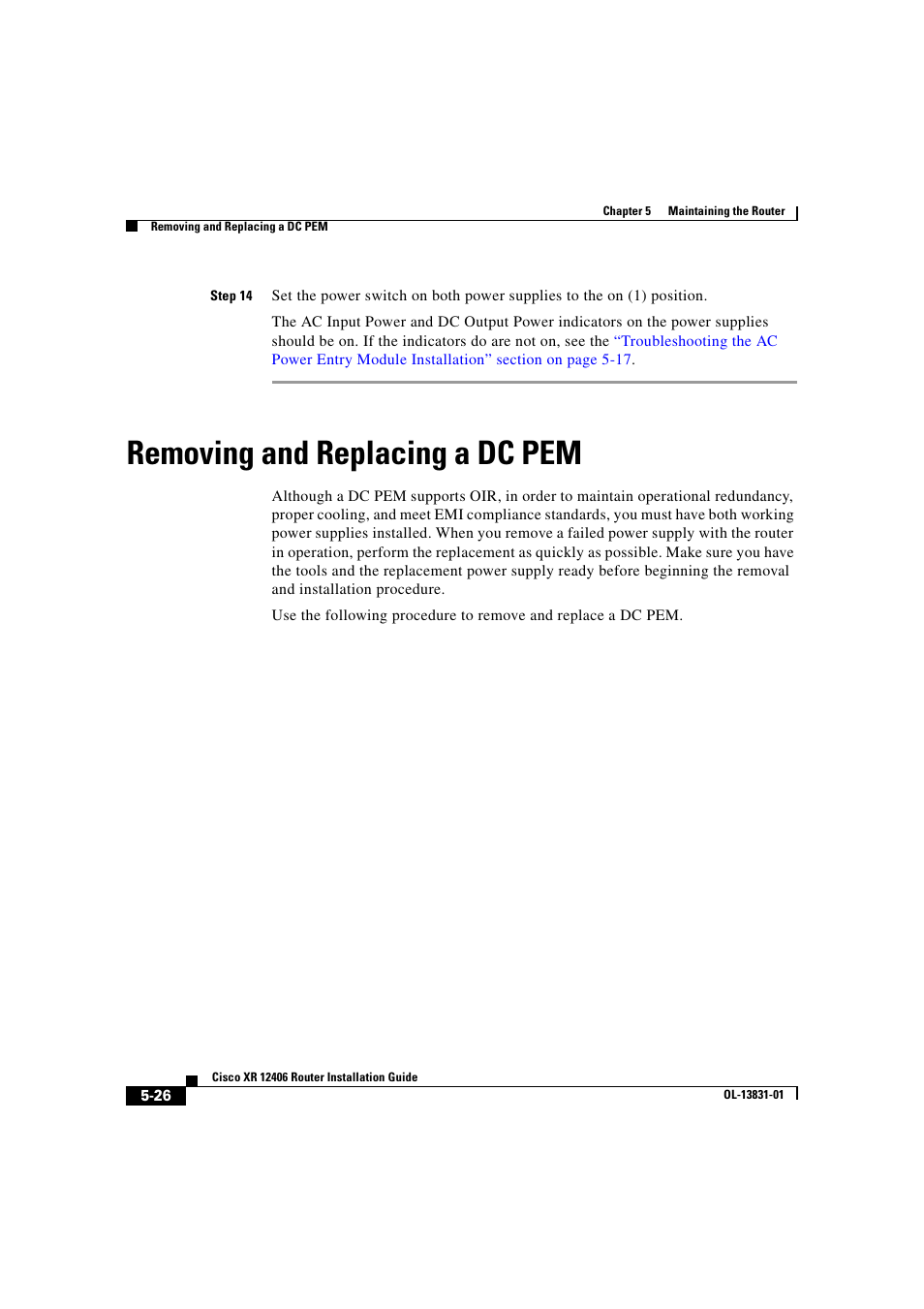 Removing and replacing a dc pem | Cisco XR 12406 User Manual | Page 190 / 252