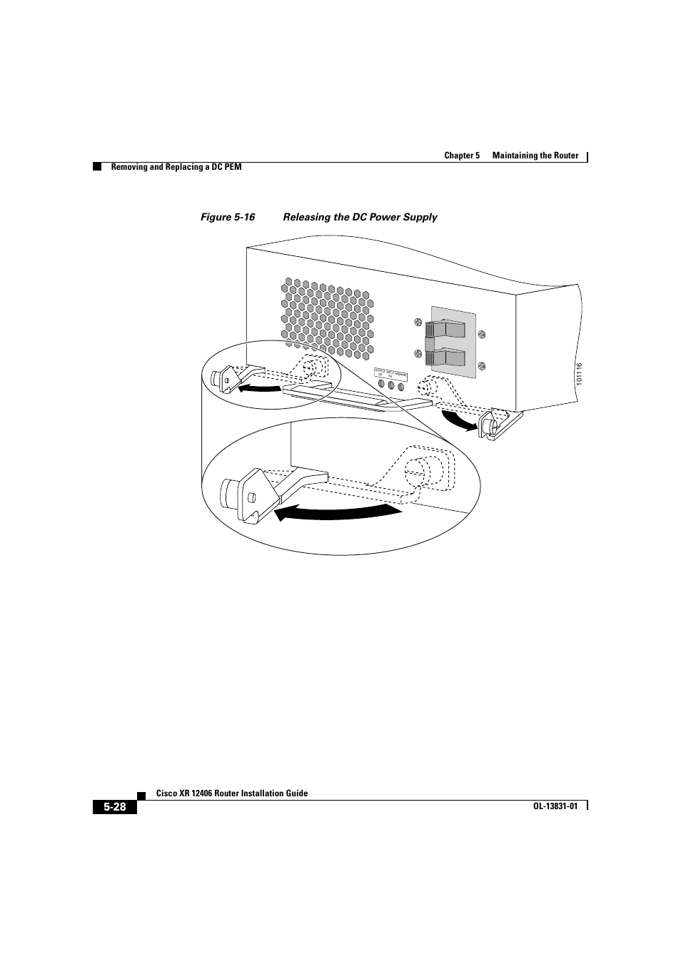 Figure 5-16 releasing the dc power supply | Cisco XR 12406 User Manual | Page 192 / 252