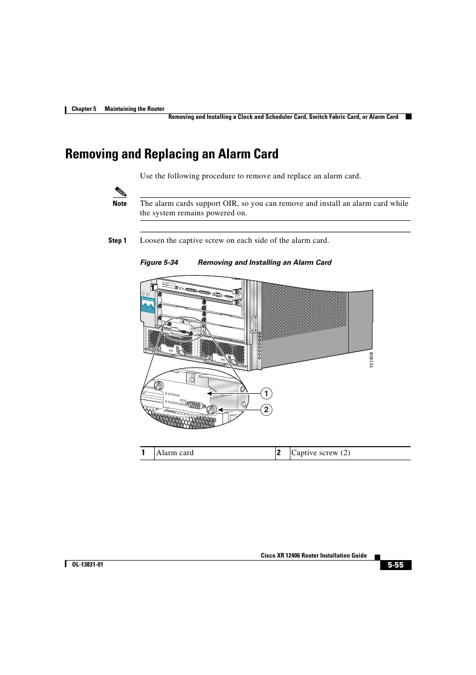 Removing and replacing an alarm card, 1alarm card 2 captive screw (2) | Cisco XR 12406 User Manual | Page 219 / 252