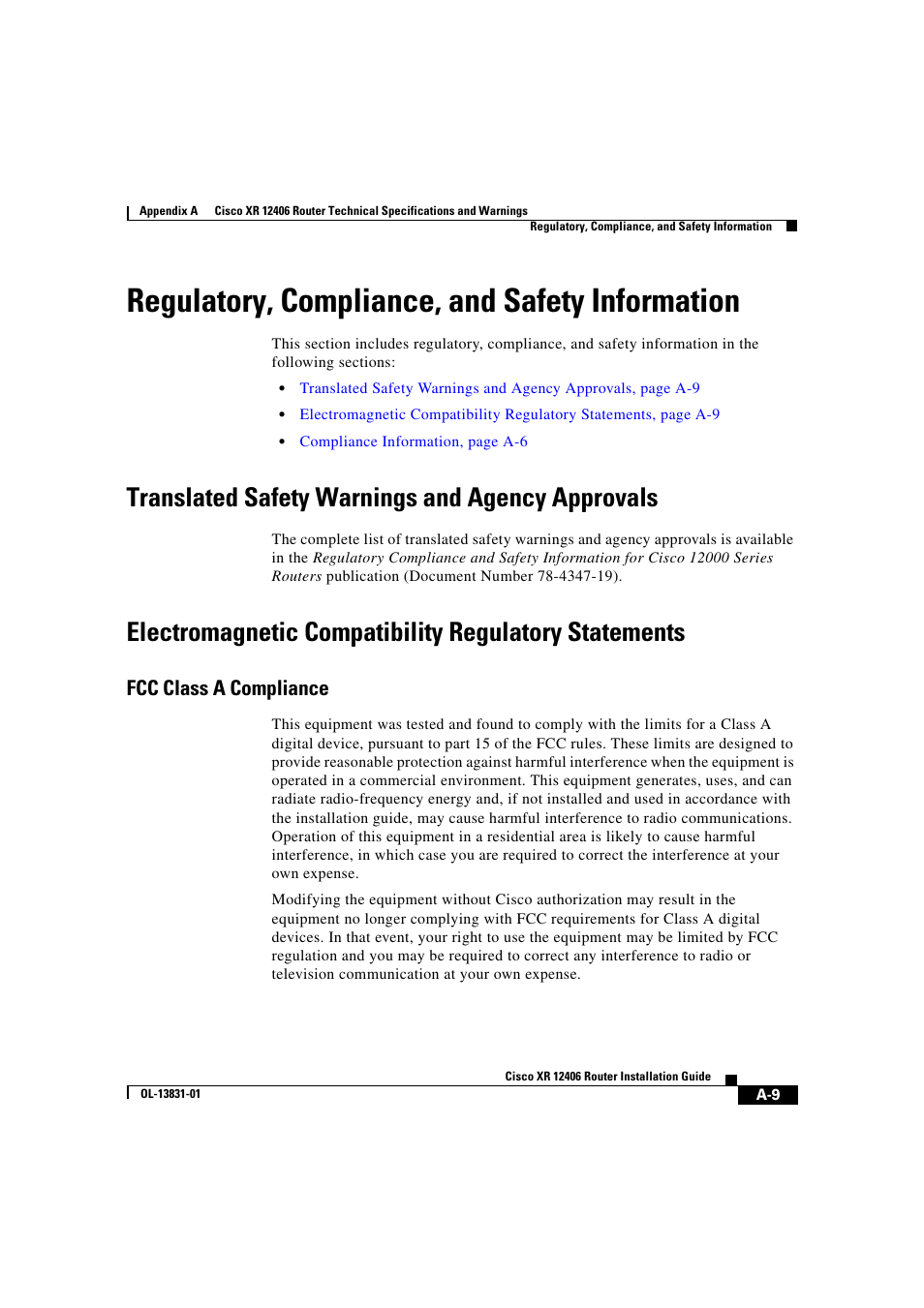 Regulatory, compliance, and safety information, Translated safety warnings and agency approvals, Fcc class a compliance | Cisco XR 12406 User Manual | Page 231 / 252