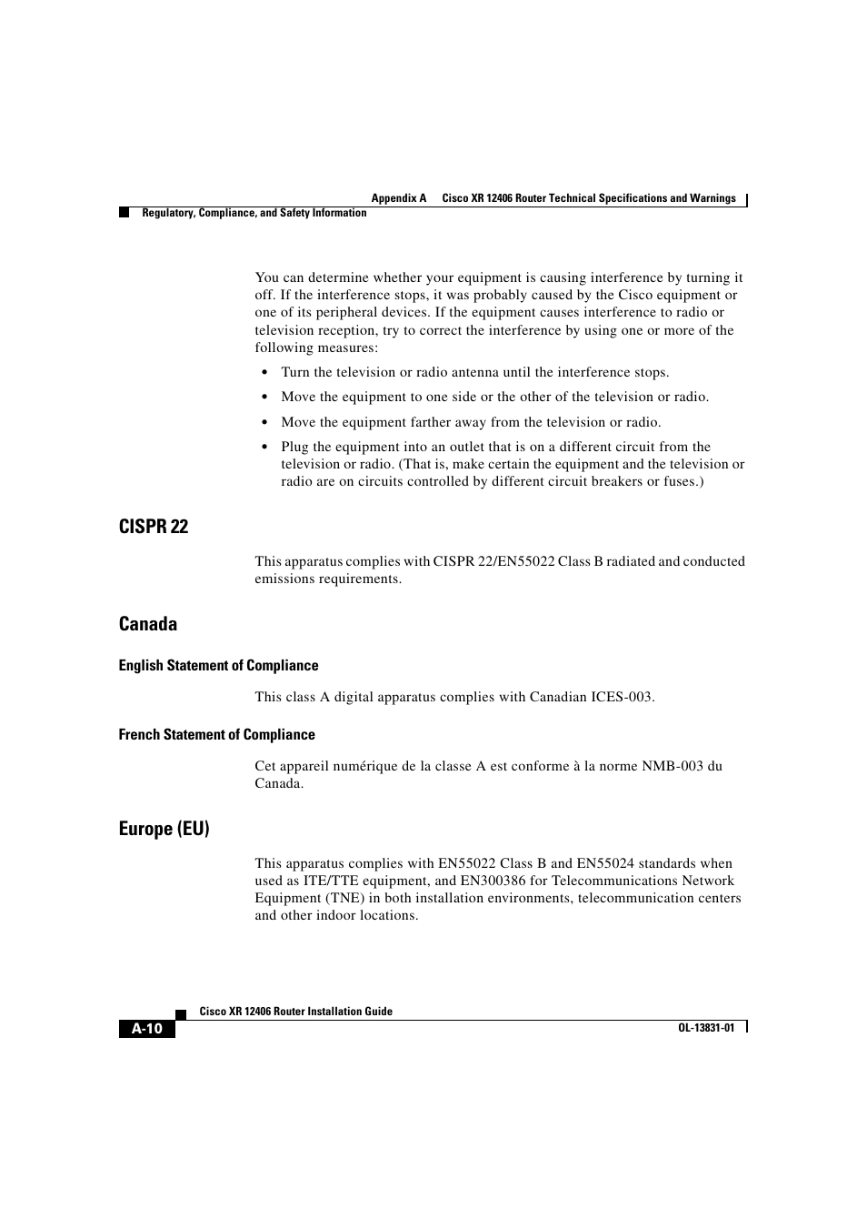 Cispr 22, Canada, Europe (eu) | Cisco XR 12406 User Manual | Page 232 / 252