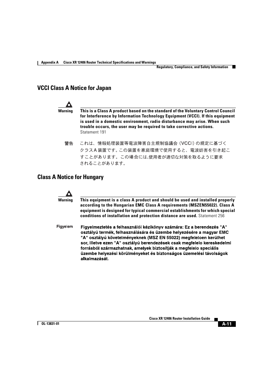 Vcci class a notice for japan, Class a notice for hungary | Cisco XR 12406 User Manual | Page 233 / 252