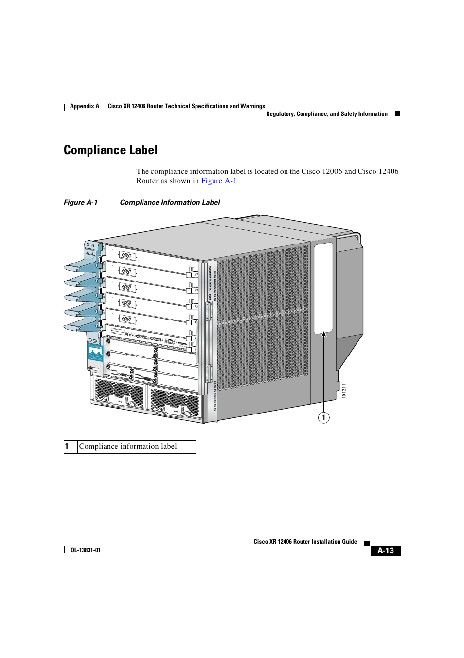 Compliance label | Cisco XR 12406 User Manual | Page 235 / 252