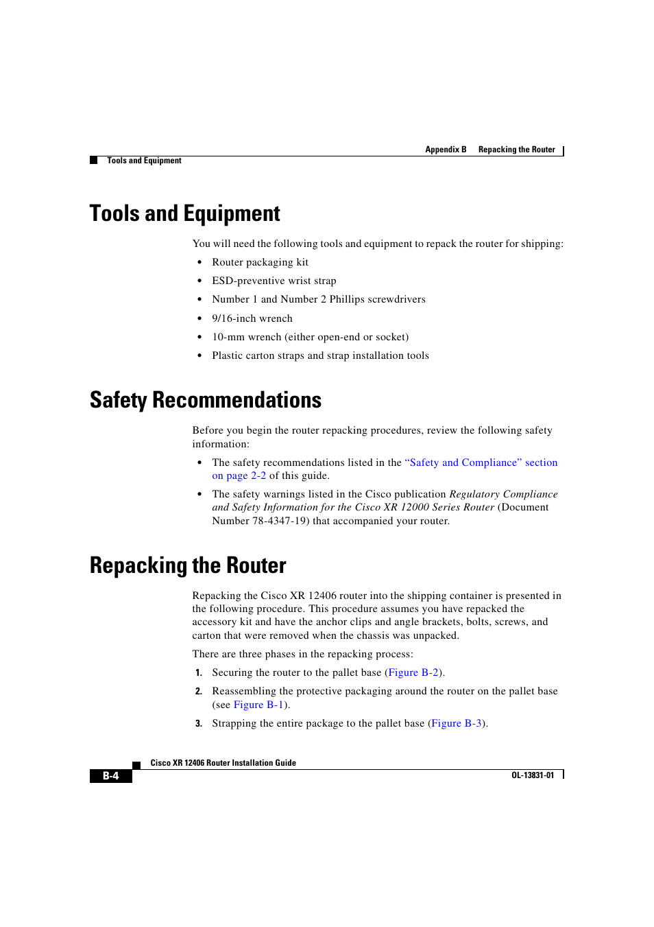 Tools and equipment, Safety recommendations, Repacking the router | Cisco XR 12406 User Manual | Page 240 / 252