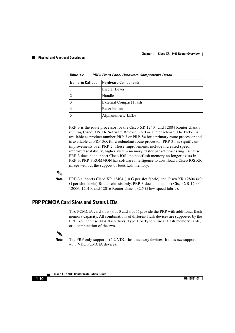 Prp pcmcia card slots and status leds | Cisco XR 12406 User Manual | Page 26 / 252