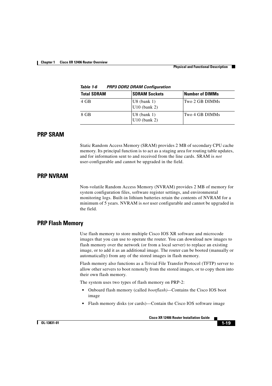 Prp sram, Prp nvram, Prp flash memory | Cisco XR 12406 User Manual | Page 35 / 252