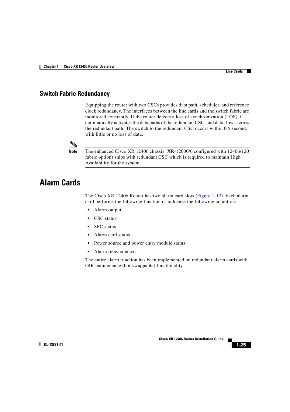 Switch fabric redundancy, Alarm cards | Cisco XR 12406 User Manual | Page 41 / 252