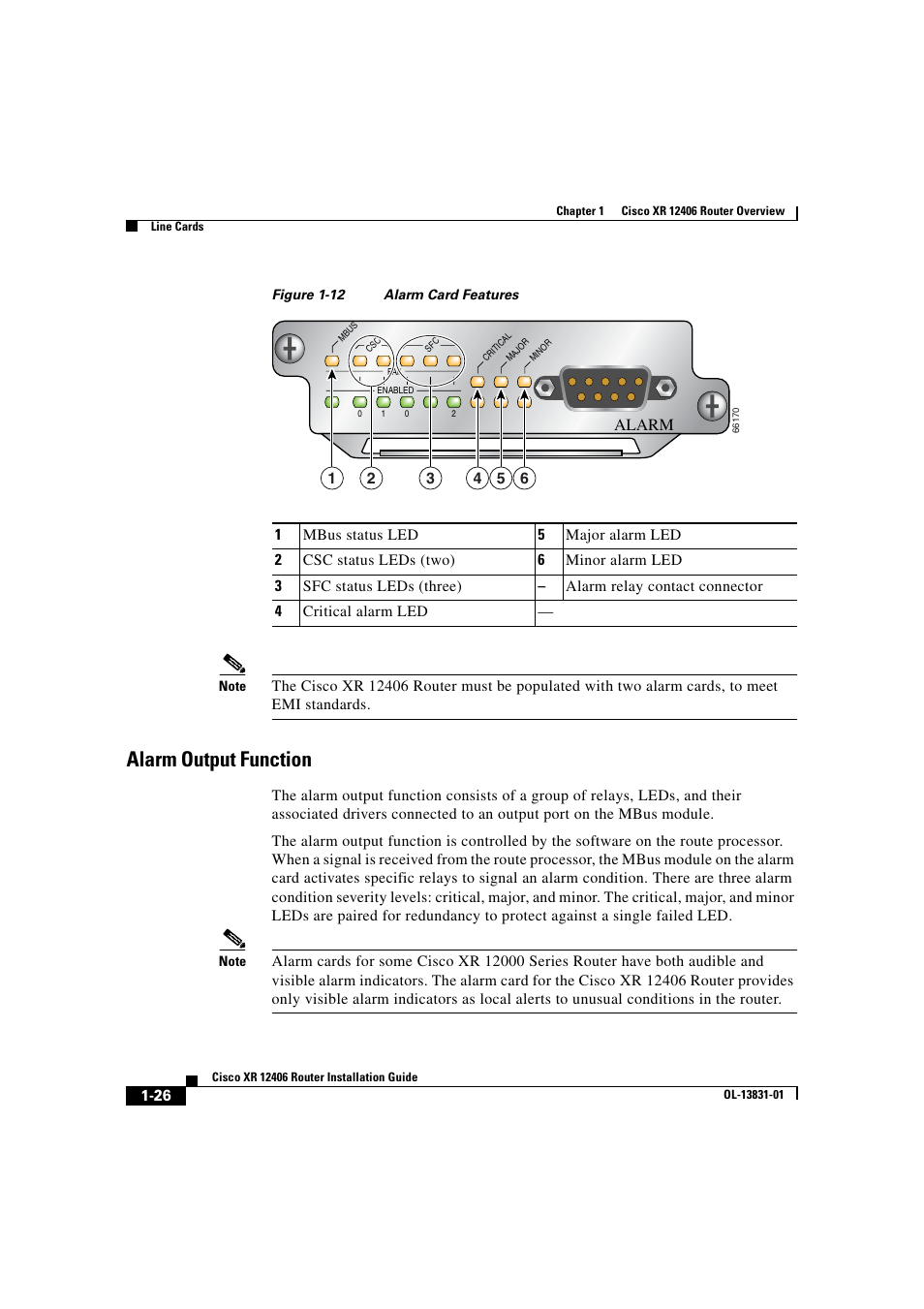 Alarm output function, Alarm | Cisco XR 12406 User Manual | Page 42 / 252