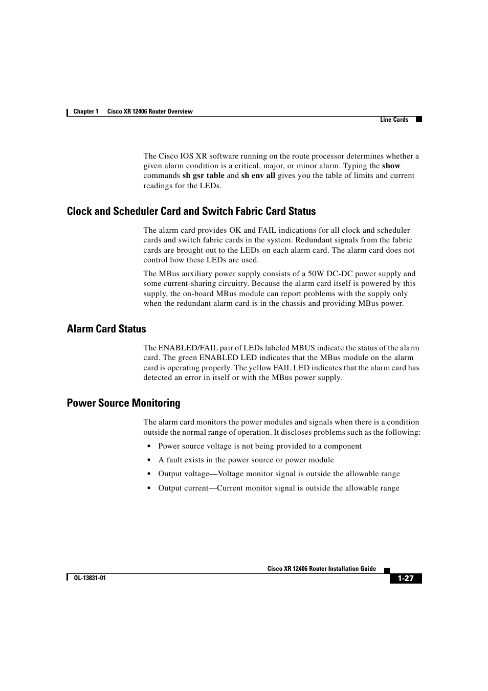 Alarm card status, Power source monitoring | Cisco XR 12406 User Manual | Page 43 / 252