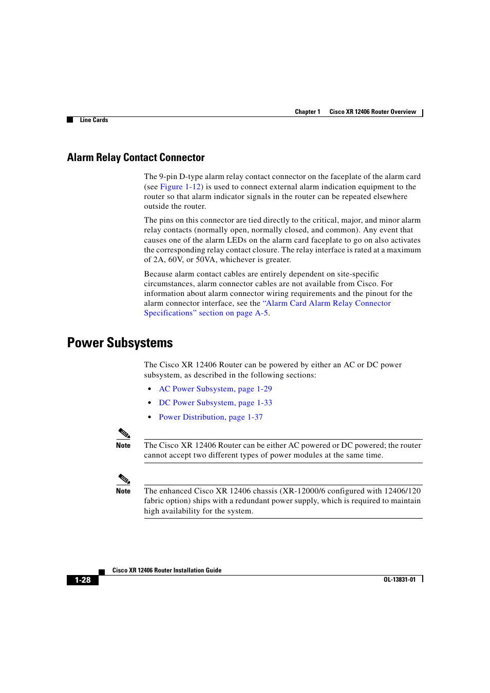 Alarm relay contact connector, Power subsystems | Cisco XR 12406 User Manual | Page 44 / 252