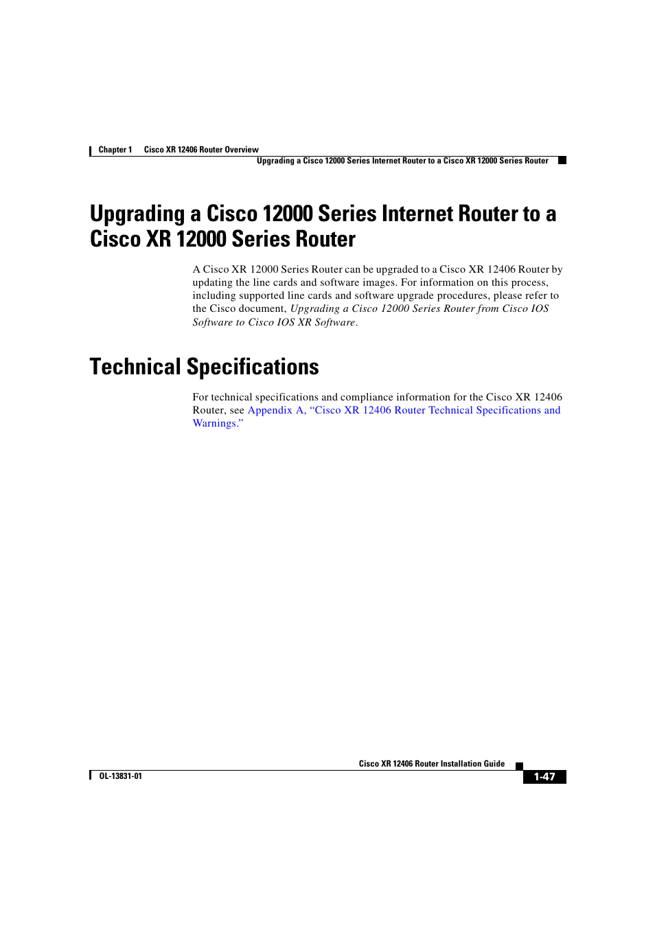 Technical specifications, Cisco xr 12000 series router | Cisco XR 12406 User Manual | Page 63 / 252