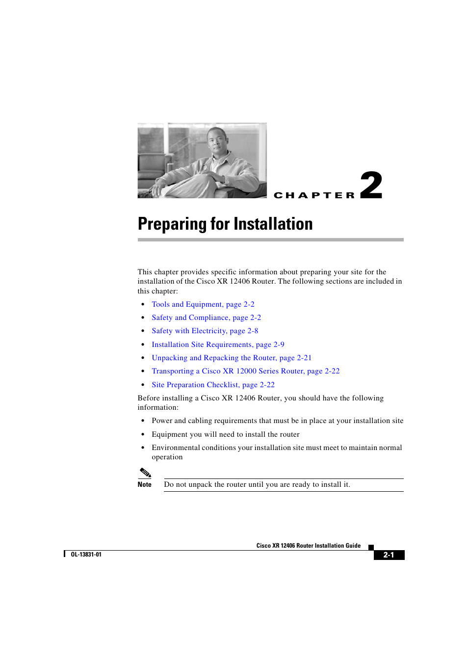 Preparing for installation, C h a p t e r, Chapter 2, “preparing for installation | Cisco XR 12406 User Manual | Page 65 / 252