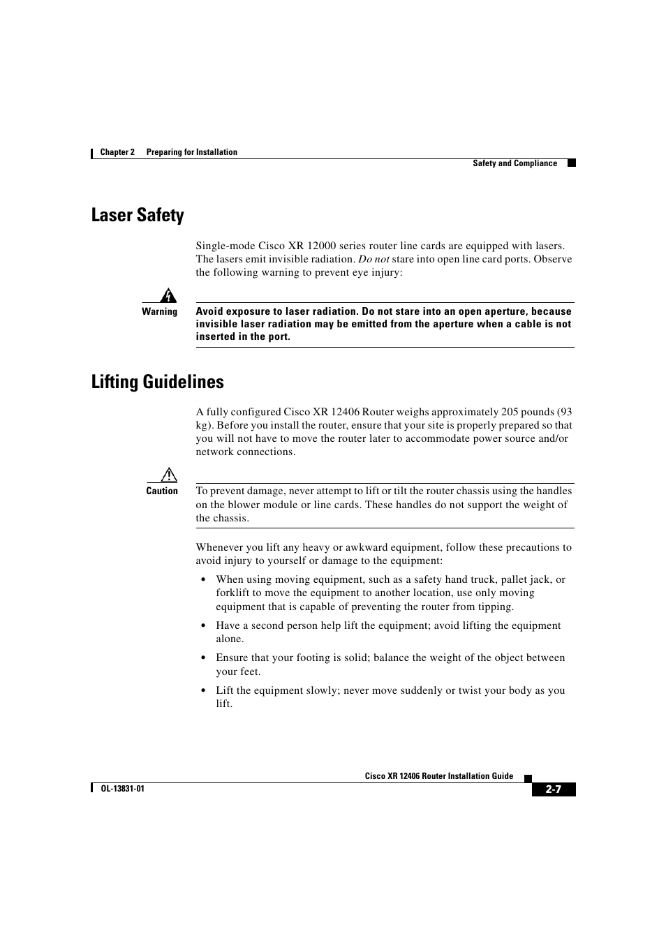 Laser safety, Lifting guidelines | Cisco XR 12406 User Manual | Page 71 / 252