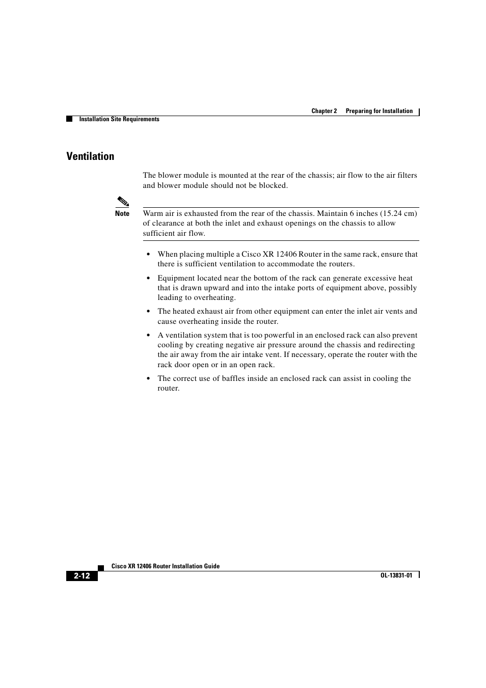 Ventilation | Cisco XR 12406 User Manual | Page 76 / 252