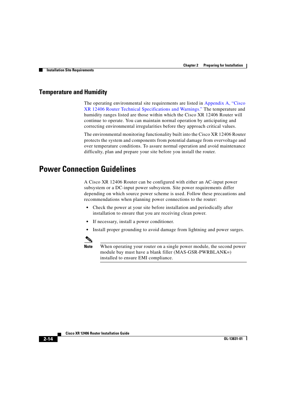 Temperature and humidity, Power connection guidelines | Cisco XR 12406 User Manual | Page 78 / 252