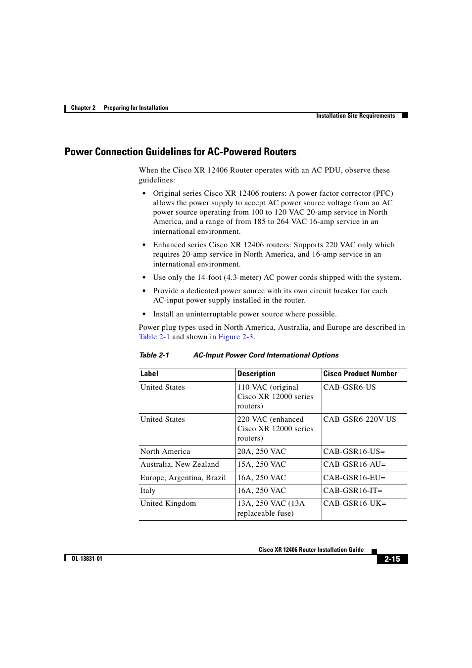 Power connection guidelines for ac-powered routers | Cisco XR 12406 User Manual | Page 79 / 252