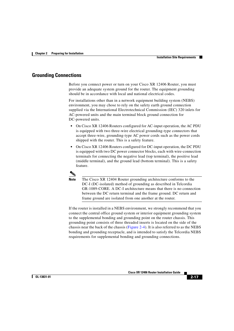 Grounding connections | Cisco XR 12406 User Manual | Page 81 / 252
