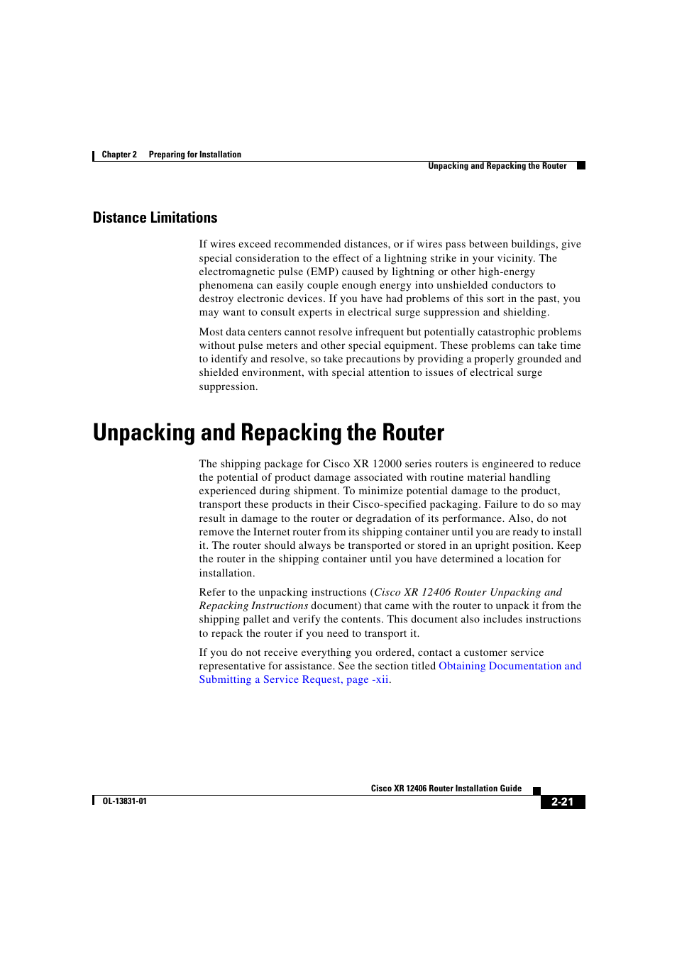 Distance limitations, Unpacking and repacking the router | Cisco XR 12406 User Manual | Page 85 / 252