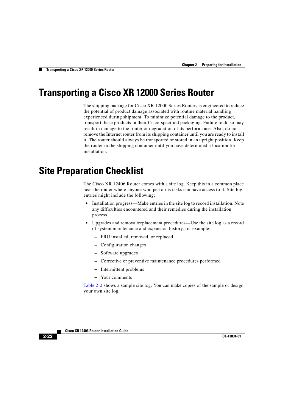 Transporting a cisco xr 12000 series router, Site preparation checklist | Cisco XR 12406 User Manual | Page 86 / 252