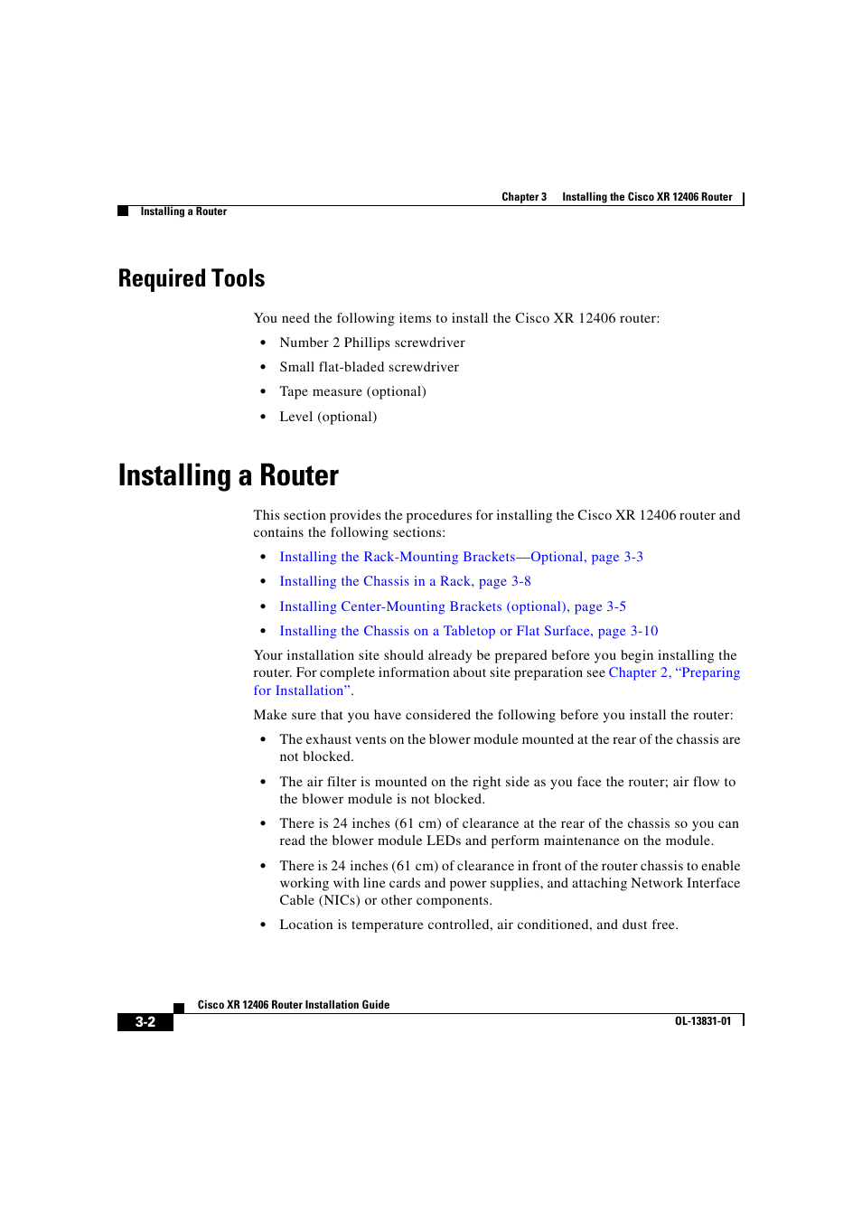 Required tools, Installing a router | Cisco XR 12406 User Manual | Page 90 / 252