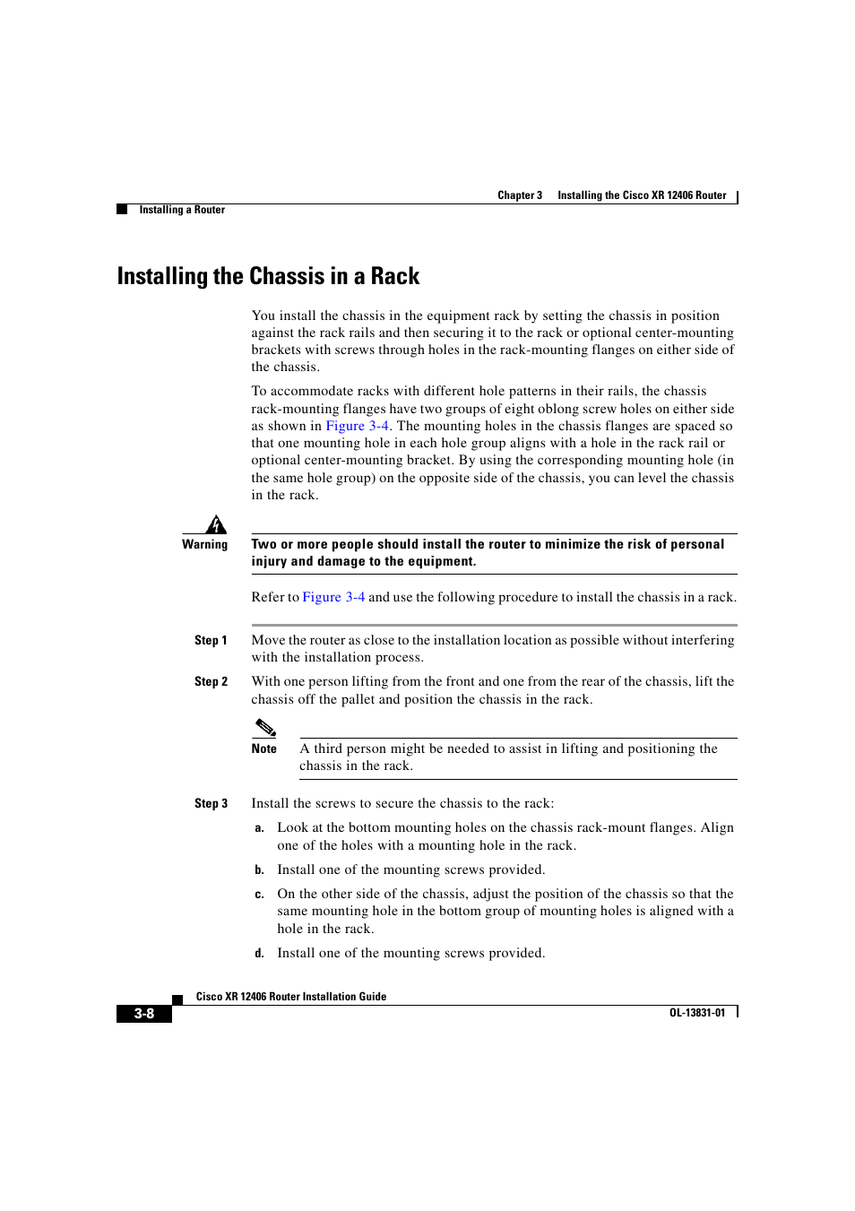 Installing the chassis in a rack, Installing | Cisco XR 12406 User Manual | Page 96 / 252