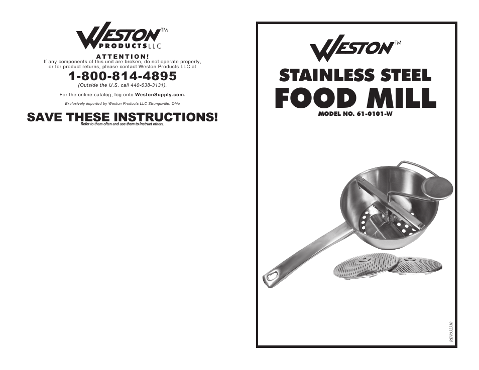 Weston Stainless Steel Food Mill User Manual | 4 pages