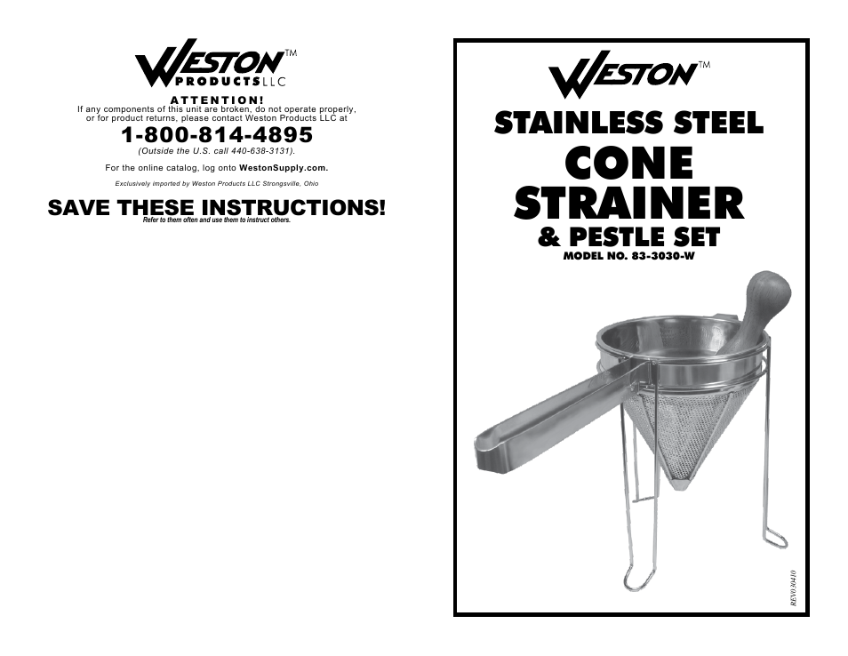 Weston Stainless Steel Cone Strainer User Manual | 4 pages