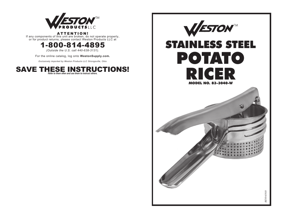Weston Stainless Steel Potato Ricer User Manual | 4 pages