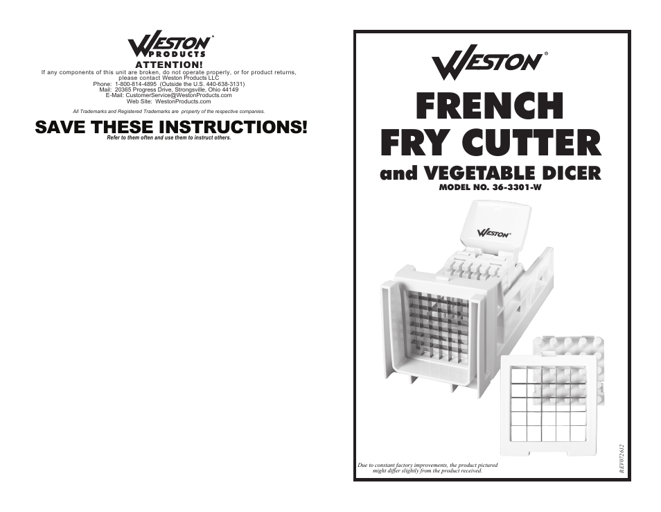 Weston French Fry Cutter & Vegetable Dicer User Manual | 4 pages