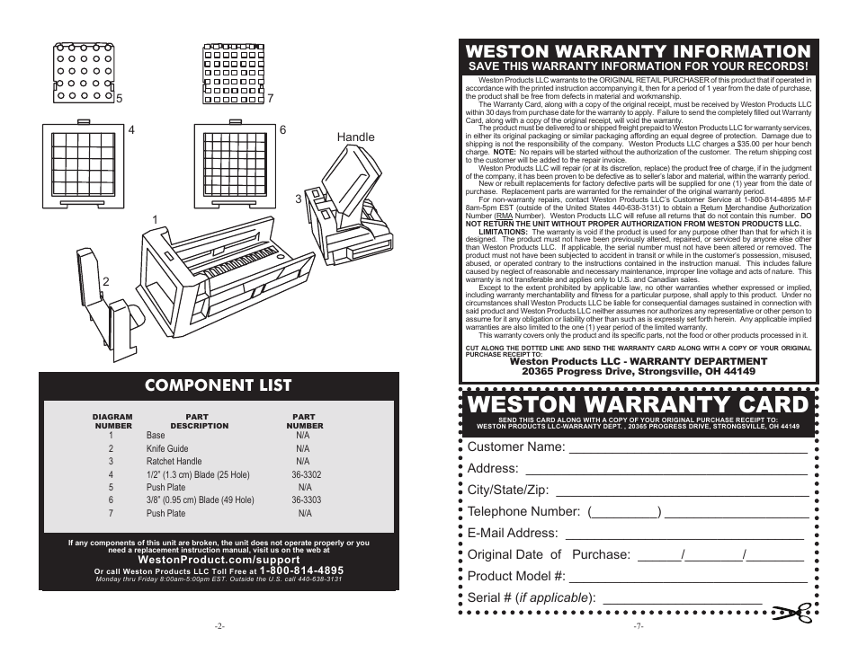 Weston warranty card, Weston warranty information, Component list | Weston French Fry Cutter & Vegetable Dicer User Manual | Page 2 / 4