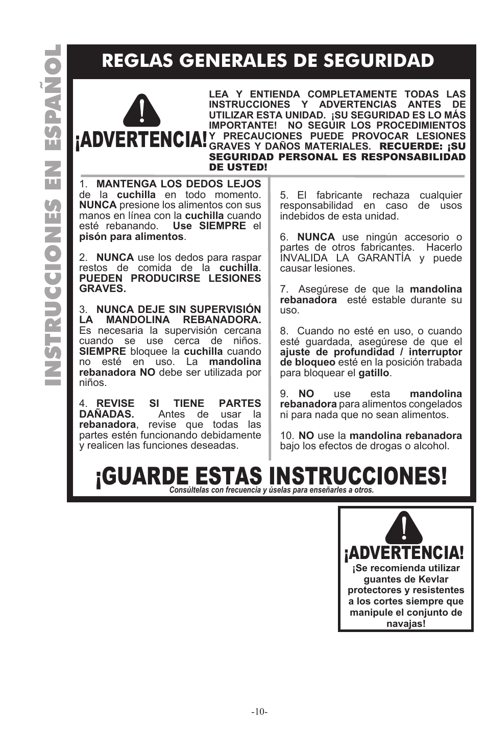 Guarde estas instrucciones, Advertencia, Instrucciones en esp añol | Reglas generales de seguridad | Weston Safe Slice Mandoline User Manual | Page 10 / 24