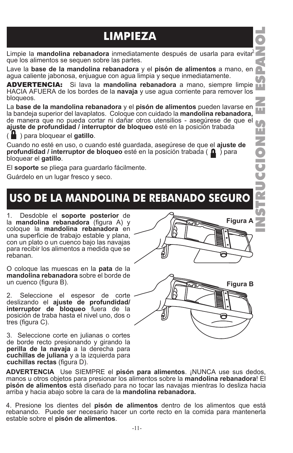 Instrucciones en esp añol, Limpieza, Uso de la mandolina de rebanado seguro | Weston Safe Slice Mandoline User Manual | Page 11 / 24
