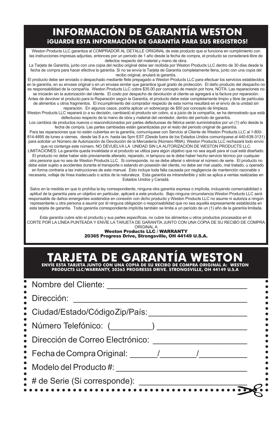 Tarjeta de garantía weston, Información de garantía weston | Weston Safe Slice Mandoline User Manual | Page 14 / 24