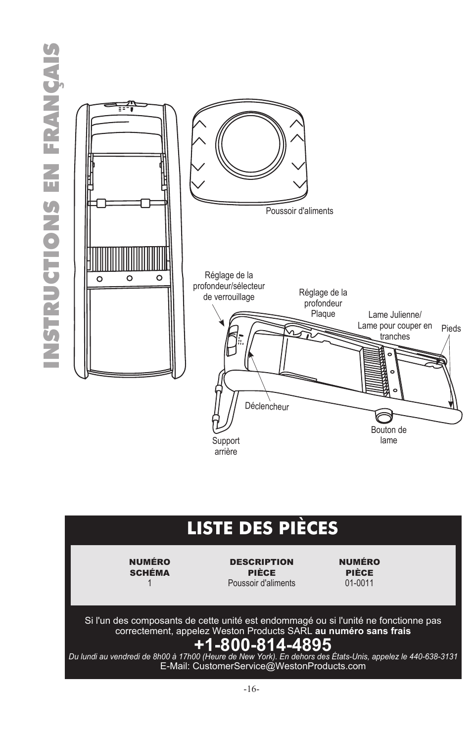 Instructions en français, Liste des pièces | Weston Safe Slice Mandoline User Manual | Page 16 / 24