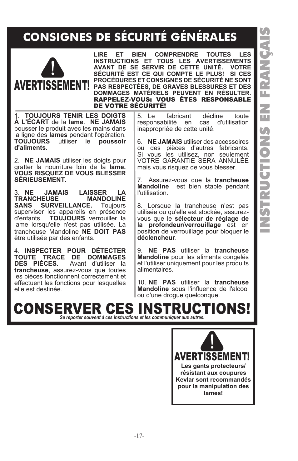 Conserver ces instructions, Instructions en français, Avertissement | Consignes de sécurité générales | Weston Safe Slice Mandoline User Manual | Page 17 / 24