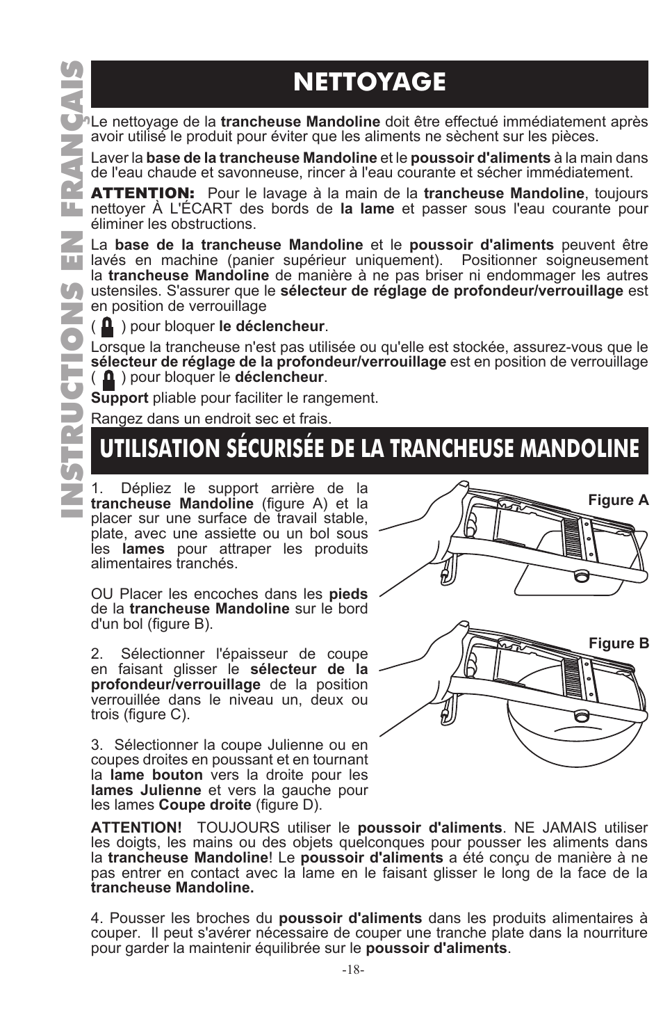 Instructions en français, Nettoyage, Utilisation sécurisée de la trancheuse mandoline | Weston Safe Slice Mandoline User Manual | Page 18 / 24