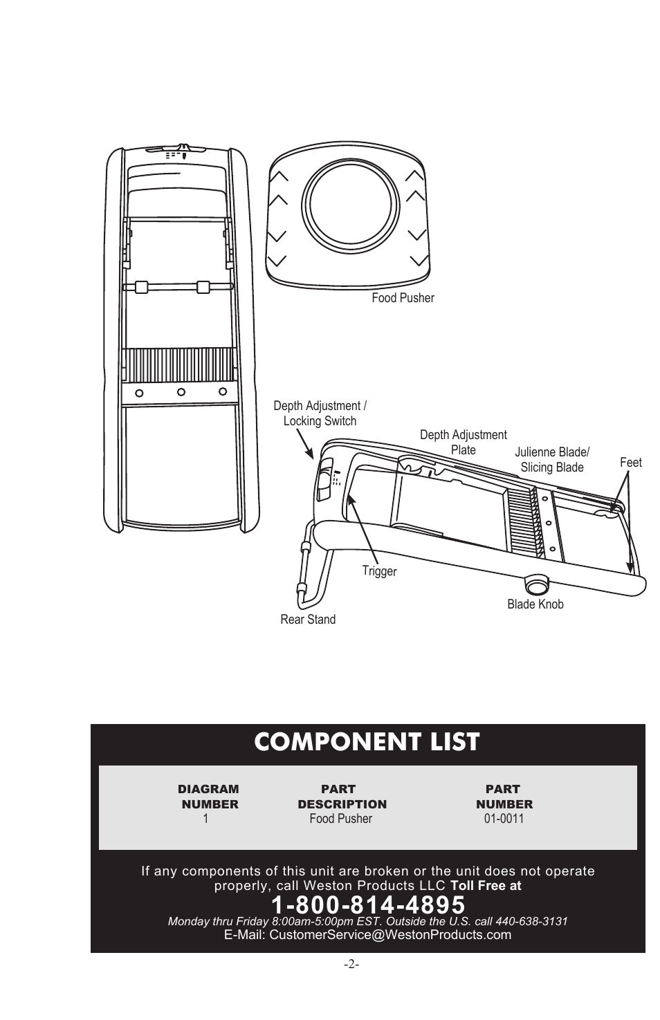 Component list | Weston Safe Slice Mandoline User Manual | Page 2 / 24