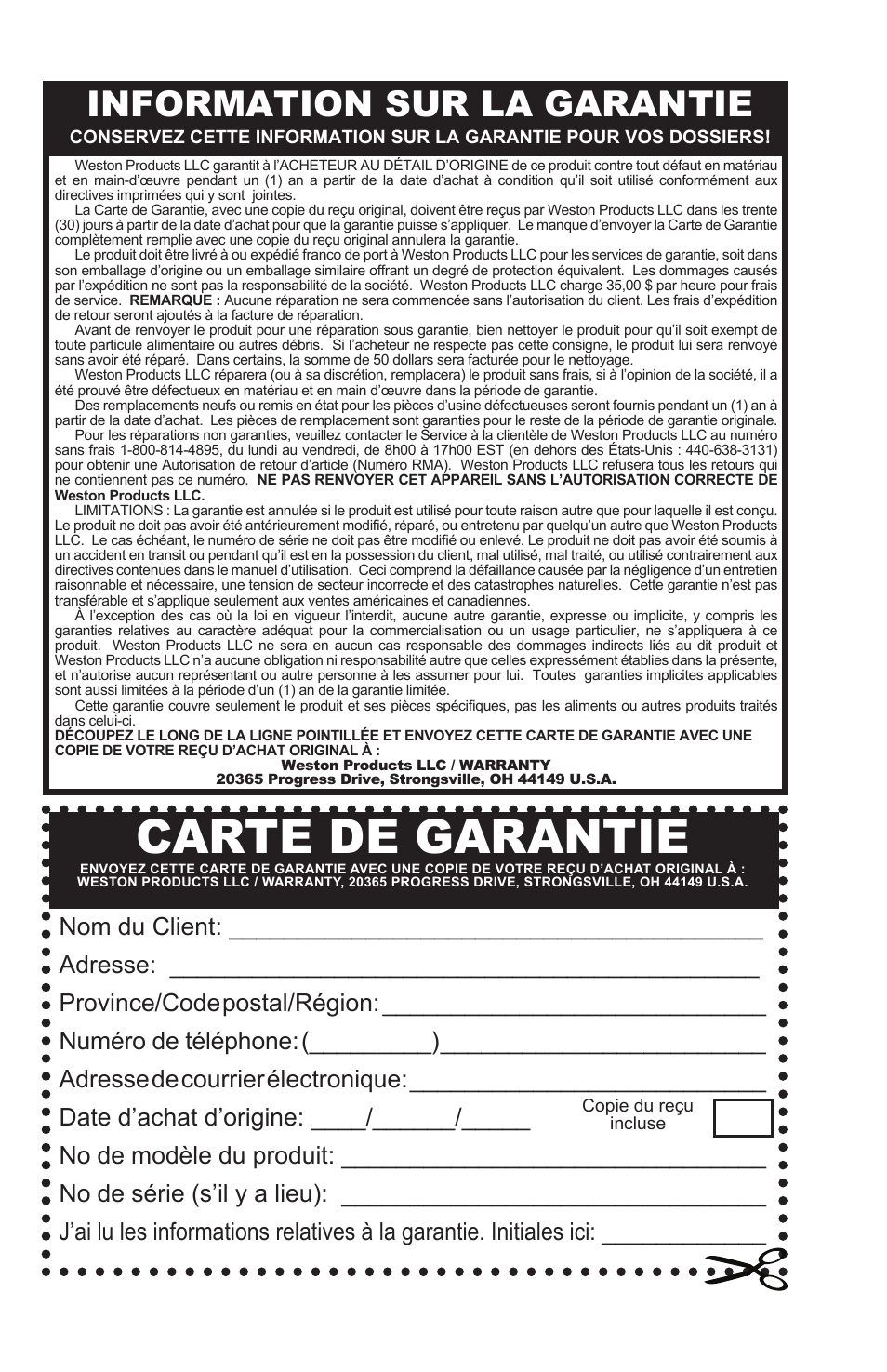 Carte de garantie, Information sur la garantie | Weston Safe Slice Mandoline User Manual | Page 21 / 24