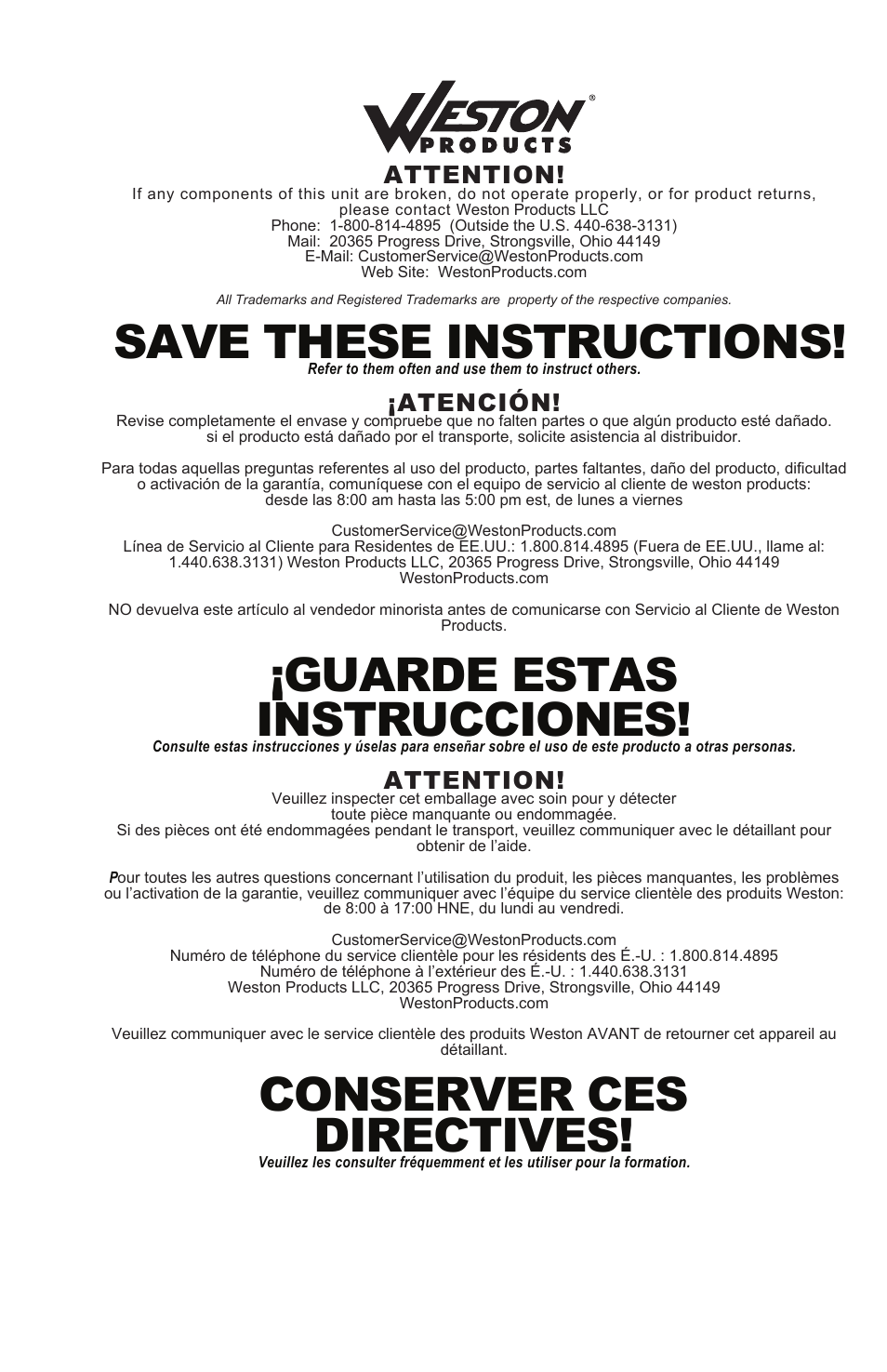 Save these instructions, Guarde estas instrucciones, Conserver ces directives | Attention, Atención | Weston Safe Slice Mandoline User Manual | Page 24 / 24