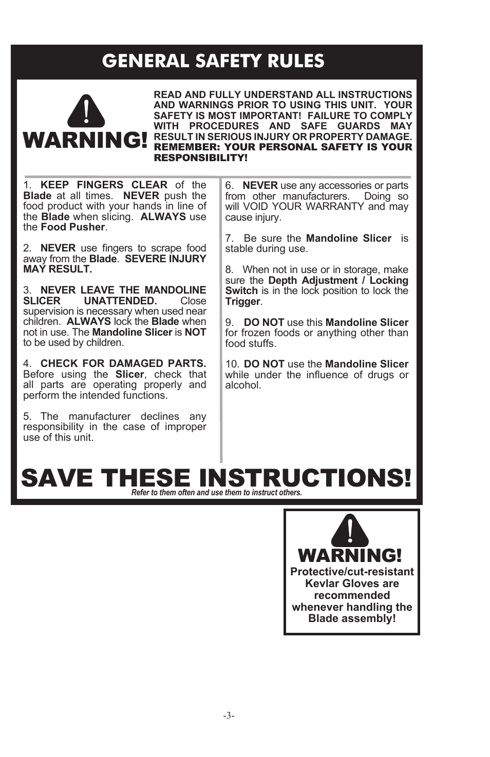 Save these instructions, Warning, General safety rules | Weston Safe Slice Mandoline User Manual | Page 3 / 24