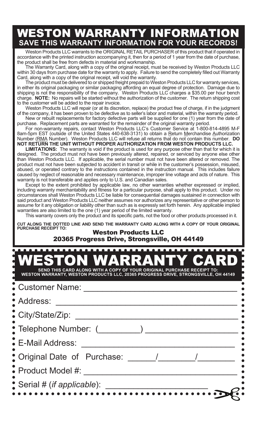 Weston warranty card, Weston warranty information, Save this warranty information for your records | Weston Safe Slice Mandoline User Manual | Page 7 / 24